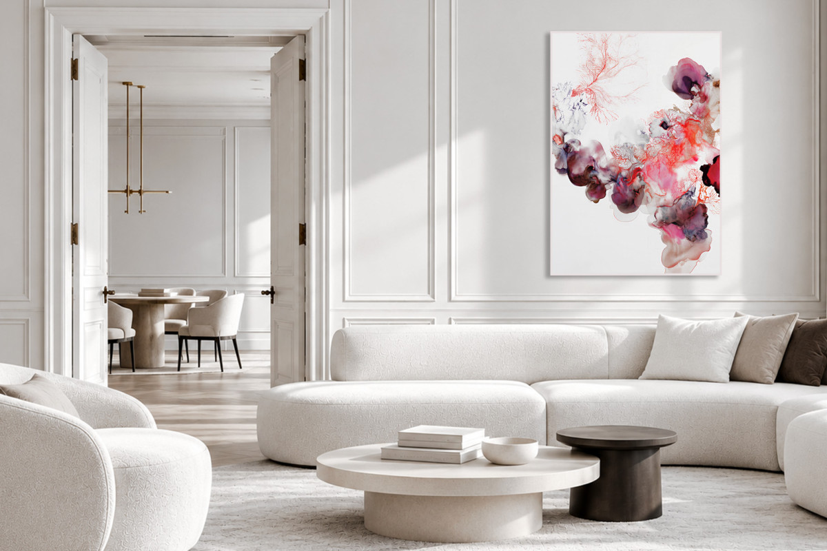 Contemporary abstract canvas artwork in a bright, elegant living room – Purple Canvas Fine Art.